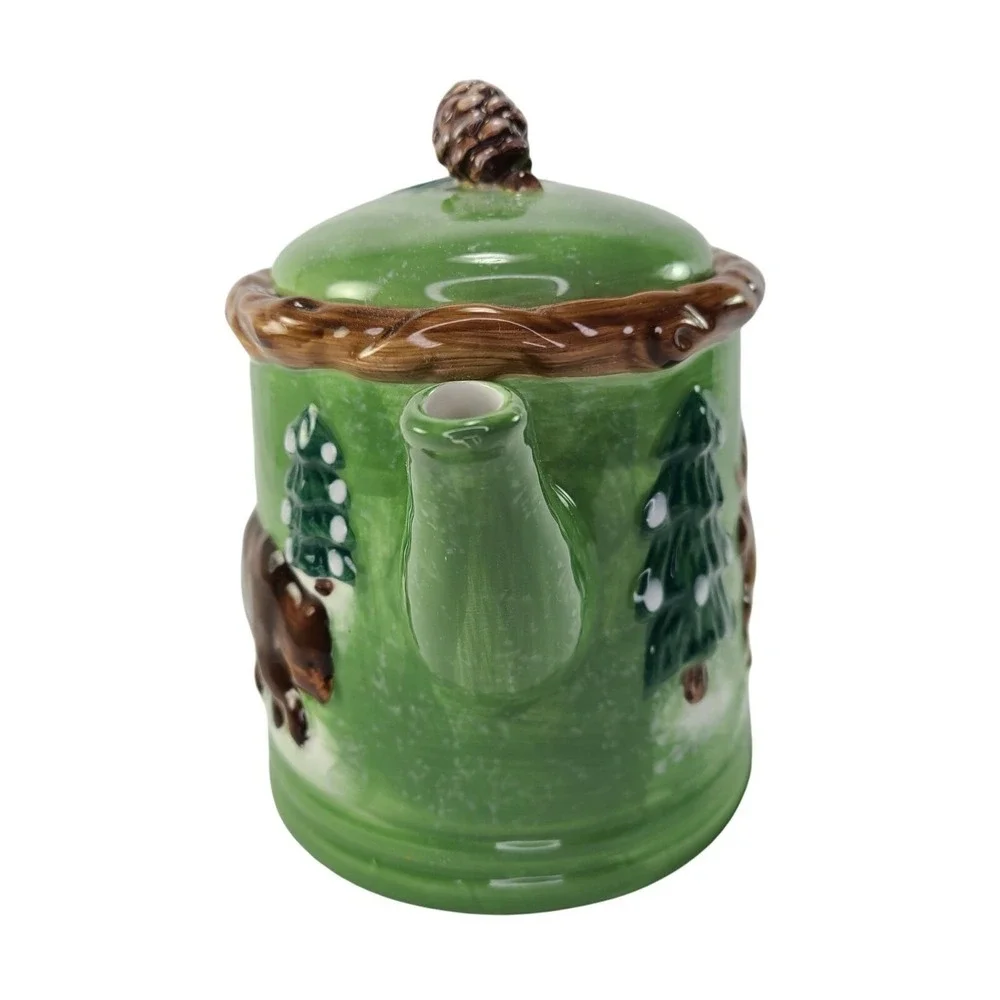 Cabin Lake Lodge Theme Teapot‎ With Lid Moose Bear Wildlife Tree Ceramic READ